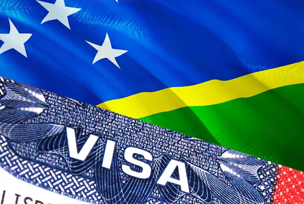 Solomon Islands Visa Document, with Solomon Islands flag in background. Solomon Islands flag with Close up text VISA on USA visa stamp in passport,3D rendering.Visa passport stamp travel Solomo