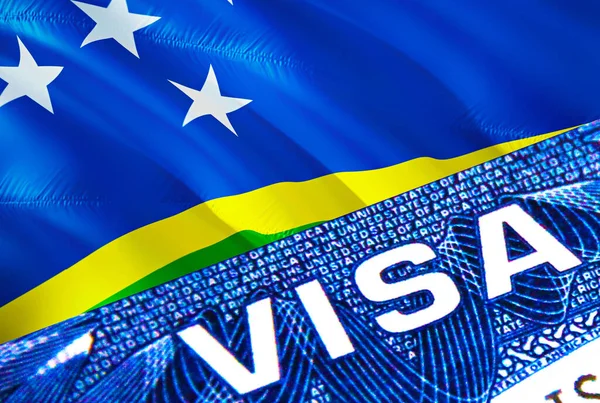 Solomon Islands visa document close up. Passport visa on Solomon Islands flag. Solomon Islands visitor visa in passport,3D rendering. Solomon Islands multi entrance in passport. Closeup of Vis