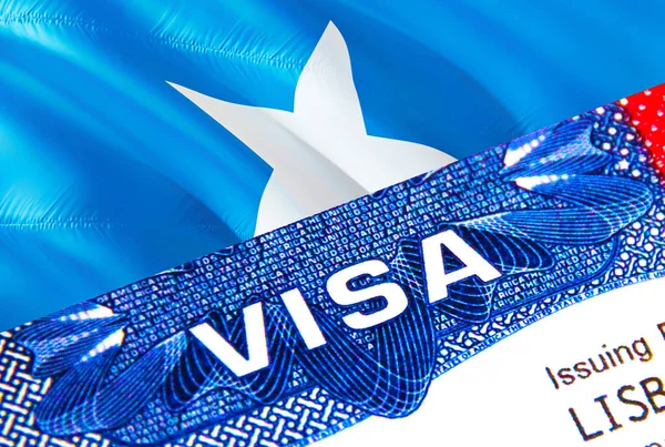 Somalia Visa in passport. USA immigration Visa for Somalia citizens focusing on word VISA. Travel Somalia visa in national identification close-up,3D rendering. Somalia multi entrance in passport