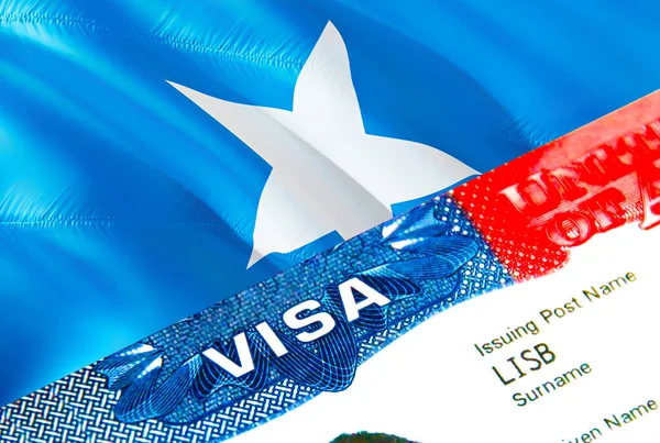 Somalia immigration visa. Closeup Visa to Somalia focusing on word VISA, 3D rendering. Travel or migration to Somalia destination concept with visa in passport multi entrance. Visa passport stam