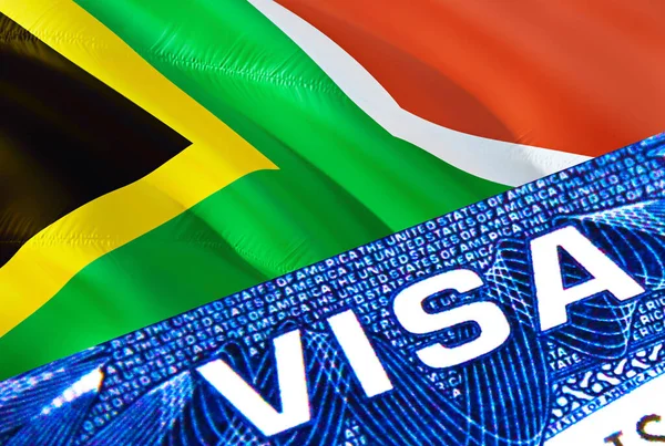 South Africa visa document close up. Passport visa on South Africa flag. South Africa visitor visa in passport,3D rendering. South Africa multi entrance in passport. Closeup of Visa document an