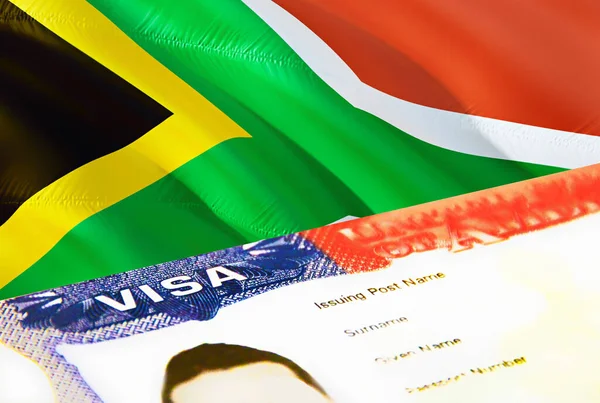 南アフリカの移民文書が閉じます 南アフリカの旗のパスポートビザ パスポート 3Dレンダリングで南アフリカの訪問者ビザ パスポートに南アフリカの複数の入国ビザ アメリカ合衆国切手の移民 — ストック写真