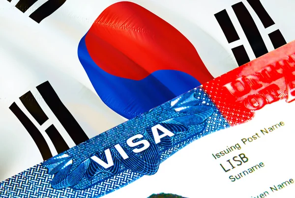 South Korea immigration visa. Closeup Visa to South Korea focusing on word VISA, 3D rendering. Travel or migration to South Korea destination concept with visa in passport multi entrance. Vis