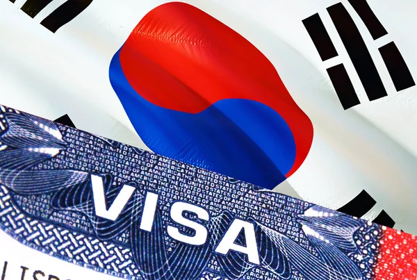 South Korea Visa Document, with South Korea flag in background. South Korea flag with Close up text VISA on USA visa stamp in passport,3D rendering.Visa passport stamp travel South Kore