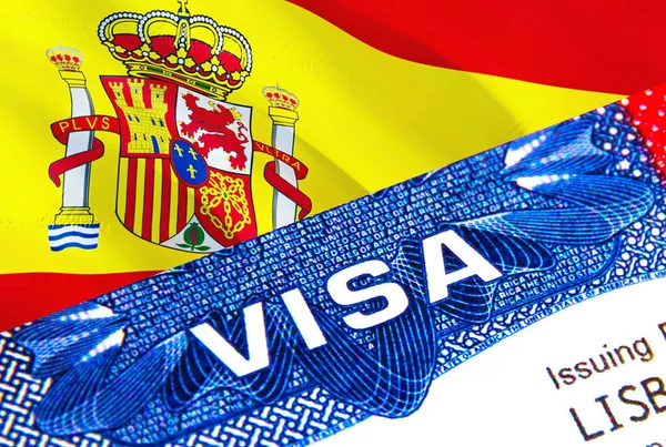 Spain Visa in passport. USA immigration Visa for Spain citizens focusing on word VISA. Travel Spain visa in national identification close-up,3D rendering. Spain multi entrance in passport. USA stam