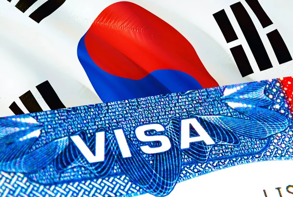 South Korea Visa. Travel to South Korea focusing on word VISA, 3D rendering. South Korea immigrate concept with visa in passport. South Korea tourism entrance in passport. Visa USA stam