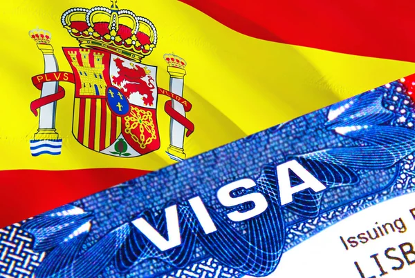 Spain visa stamp in passport with text VISA. passport traveling abroad concept. Travel to Spain concept - selective focus,3D rendering. Immigration and emigration concept. Spain visa in passpor