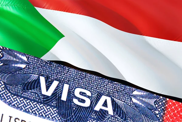 Sudan Visa Document, with Sudan flag in background. Sudan flag with Close up text VISA on USA visa stamp in passport,3D rendering.Visa passport stamp travel Sudan business. Immigration an