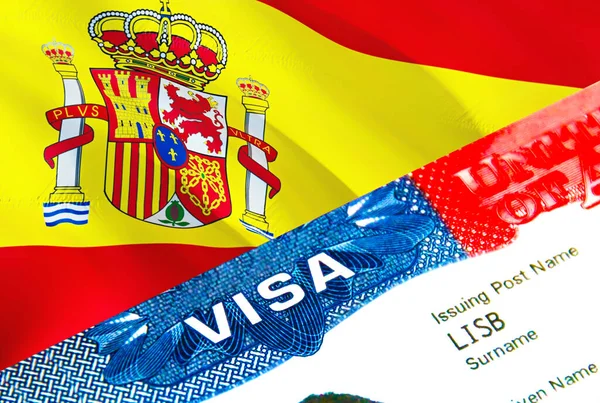 Spain immigration visa. Closeup Visa to Spain focusing on word VISA, 3D rendering. Travel or migration to Spain destination concept with visa in passport multi entrance. USA stamp emigration Vis