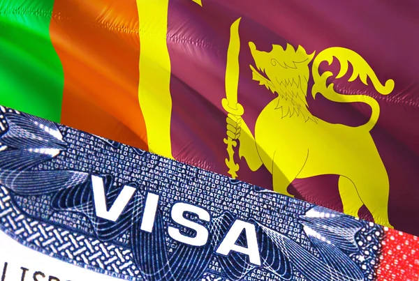 Sri Lanka Visa Document, with Sri Lanka flag in background. Sri Lanka flag with Close up text VISA on USA visa stamp in passport,3D rendering.Visa passport stamp travel Sri Lank