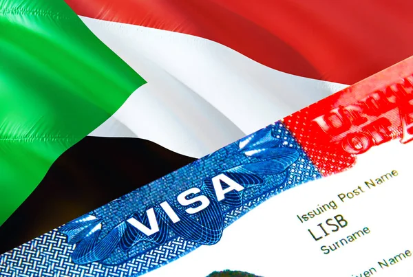 Sudan immigration visa. Closeup Visa to Sudan focusing on word VISA, 3D rendering. Travel or migration to Sudan destination concept with visa in passport multi entrance. USA stamp emigration Vis