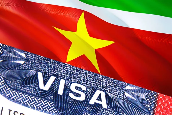 Suriname Visa Document, with Suriname flag in background. Suriname flag with Close up text VISA on USA visa stamp in passport,3D rendering.Visa passport stamp travel Suriname business.Immigratio
