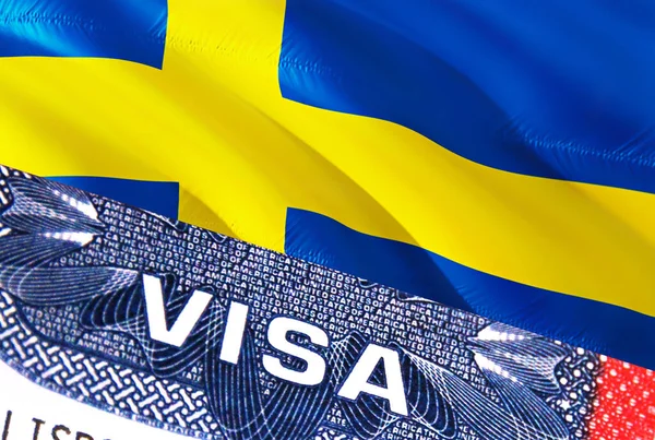 Sweden Visa Document, with Sweden flag in background. Sweden flag with Close up text VISA on USA visa stamp in passport,3D rendering.Visa passport stamp travel Sweden business. Immigration an