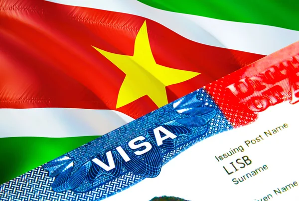 Suriname immigration visa. Closeup Visa to Suriname focusing on word VISA, 3D rendering. Travel or migration to Suriname destination concept with visa in passport multi entrance. Visa passport stam