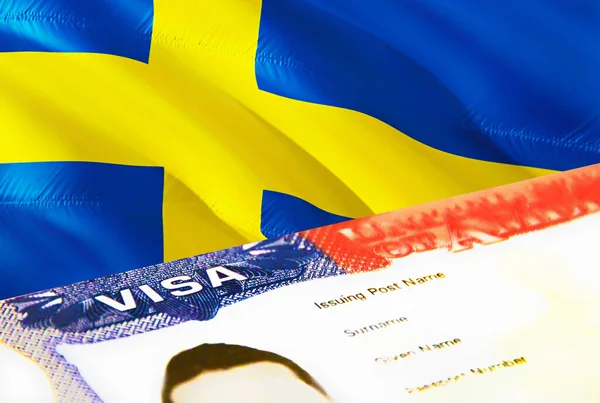 Sweden Immigration Document Close Passport Visa Sweden Flag Sweden Visitor — Stock Photo, Image