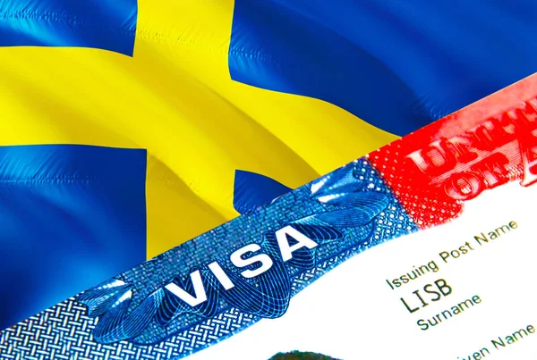 Sweden immigration visa. Closeup Visa to Sweden focusing on word VISA, 3D rendering. Travel or migration to Sweden destination concept with visa in passport multi entrance. USA stamp emigration Vis