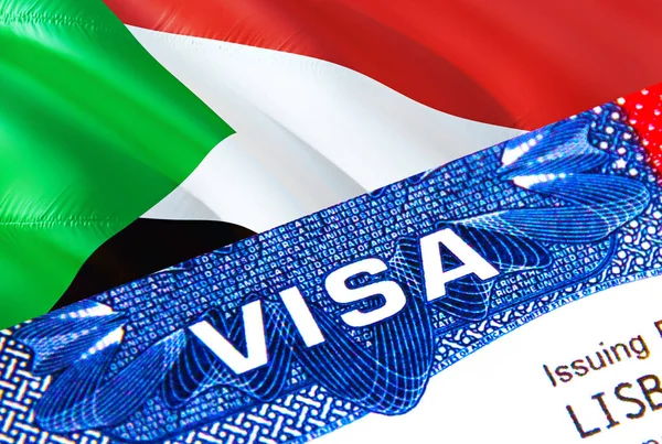 Sudan Visa in passport. USA immigration Visa for Sudan citizens focusing on word VISA. Travel Sudan visa in national identification close-up,3D rendering. Sudan multi entrance in passport. USA stam