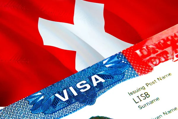 Switzerland immigration visa. Closeup Visa to Switzerland focusing on word VISA, 3D rendering. Travel or migration to Switzerland destination concept with visa in passport multi entrance. Vis