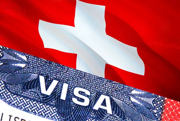 Switzerland Visa Document, with Switzerland flag in background. Switzerland flag with Close up text VISA on USA visa stamp in passport,3D rendering.Visa passport stamp travel Switzerlan