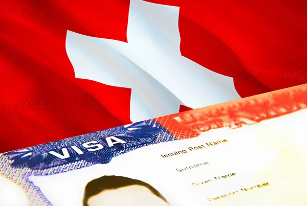 スイスの移民文書が閉じます スイスの旗のパスポートビザ パスポート 3Dレンダリングでスイスの訪問者ビザ パスポートにスイスの複数の入国ビザ アメリカ合衆国切手の移民 — ストック写真