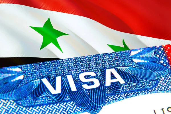 Syria Visa. Travel to Syria focusing on word VISA, 3D rendering. Syria immigrate concept with visa in passport. Syria tourism entrance in passport. Visa USA stamp citizenship. USA travel. Vis