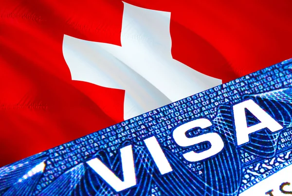 Switzerland visa document close up. Passport visa on Switzerland flag. Switzerland visitor visa in passport,3D rendering. Switzerland multi entrance in passport. Closeup of Visa document and passpor