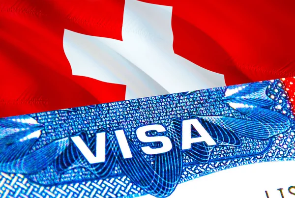 Switzerland Visa. Travel to Switzerland focusing on word VISA, 3D rendering. Switzerland immigrate concept with visa in passport. Switzerland tourism entrance in passport. Visa USA stam