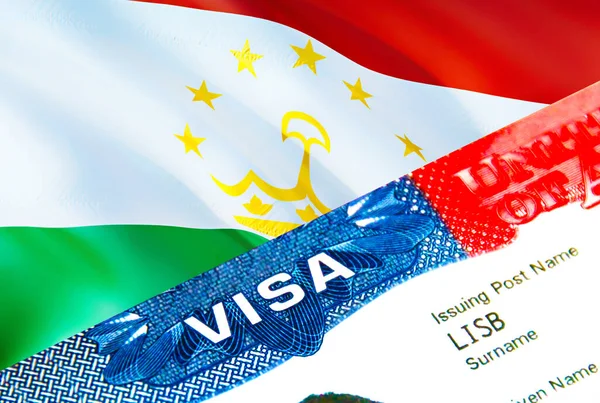 Tajikistan immigration visa. Closeup Visa to Tajikistan focusing on word VISA, 3D rendering. Travel or migration to Tajikistan destination concept with visa in passport multi entrance. Visa passpor