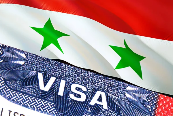 Syria Visa Document, with Syria flag in background. Syria flag with Close up text VISA on USA visa stamp in passport,3D rendering.Visa passport stamp travel Syria business.Immigration and emigratio