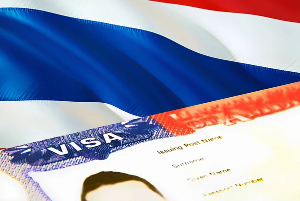 Thailand immigration document close up. Passport visa on Thailand flag. Thailand visitor visa in passport,3D rendering. Thailand multi entrance visa in passport. USA stamp emigration Visa documen