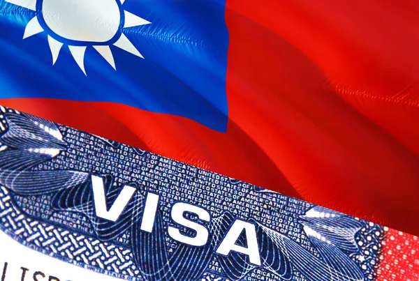 Taiwan Visa Document, with Taiwan flag in background. Taiwan flag with Close up text VISA on USA visa stamp in passport,3D rendering.Visa passport stamp travel Taiwan business. Immigration an