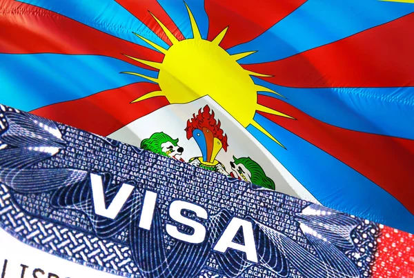 Tibet Visa Document, with Tibet flag in background. Tibet flag with Close up text VISA on USA visa stamp in passport,3D rendering.Visa passport stamp travel Tibet business.Immigration and emigratio