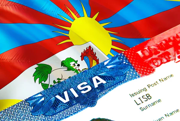 Tibet immigration visa. Closeup Visa to Tibet focusing on word VISA, 3D rendering. Travel or migration to Tibet destination concept with visa in passport multi entrance. Visa passport stamp trave