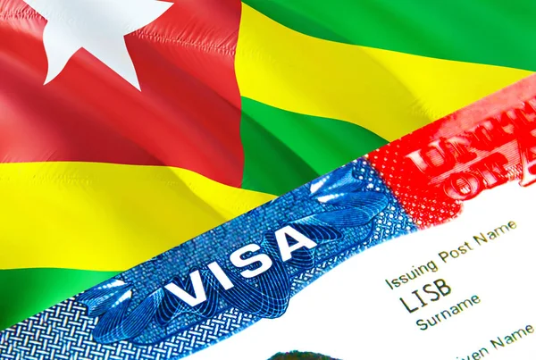 Togo immigration visa. Closeup Visa to Togo focusing on word VISA, 3D rendering. Travel or migration to Togo destination concept with visa in passport multi entrance. USA stamp emigration Vis