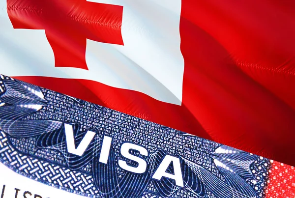 Tonga Visa Document, with Tonga flag in background. Tonga flag with Close up text VISA on USA visa stamp in passport,3D rendering.Visa passport stamp travel Tonga business. Immigration an