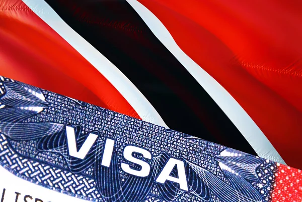 Trinidad and Tobago Visa Document, with Trinidad and Tobago flag in background. Trinidad and Tobago flag with Close up text VISA on USA visa stamp in passport,3D rendering.Visa passport stamp trave