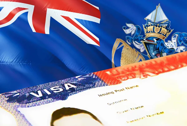 Tristan da Cunha immigration document close up. Passport visa on Tristan da Cunha flag. Tristan da Cunha visitor visa in passport,3D rendering. Tristan da Cunha multi entrance visa in passport. US