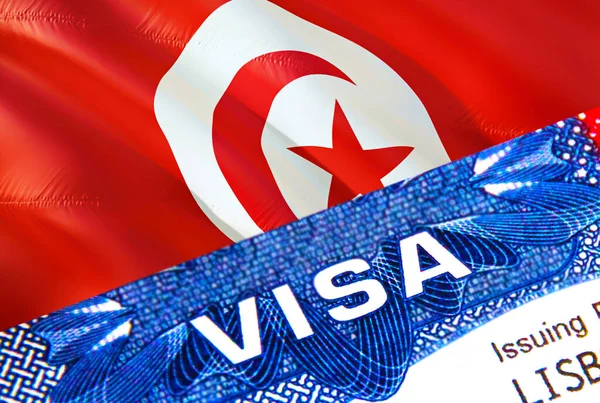 Tunisia visa stamp in passport with VISA text. Passport traveling abroad concept. Travel to Tunisia concept - selective focus,3D rendering. Immigration and emigration concept. Tunisia visa i