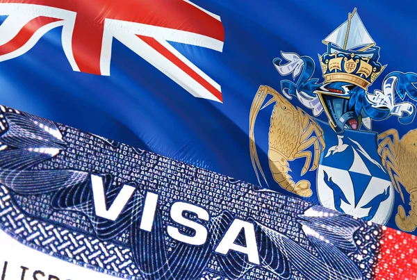 Tristan da Cunha Visa Document, with Tristan da Cunha flag in background. Tristan da Cunha flag with Close up text VISA on USA visa stamp in passport,3D rendering.Visa passport stamp travel Trista