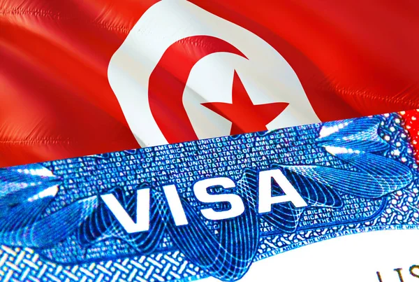 Tunisia Visa. Travel to Tunisia focusing on word VISA, 3D rendering. Tunisia immigrate concept with visa in passport. Tunisia tourism entrance in passport. Visa USA stamp citizenship. USA travel