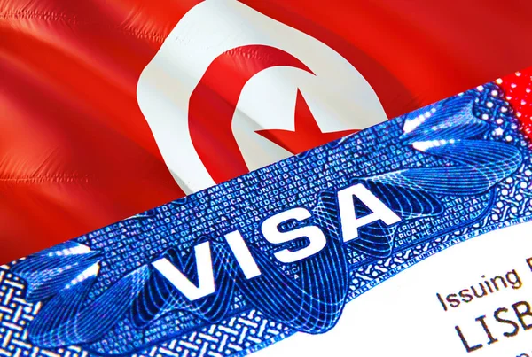 Tunisia Visa in passport. USA immigration Visa for Tunisia citizens focusing on word VISA. Travel Tunisia visa in national identification close-up,3D rendering. Tunisia multi entrance in passport