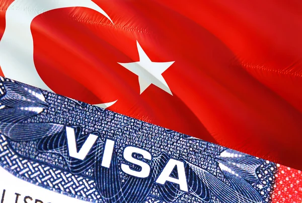 Turkey Visa Document, with Turkey flag in background. Turkey flag with Close up text VISA on USA visa stamp in passport,3D rendering.Visa passport stamp travel Turkey business. Immigration an