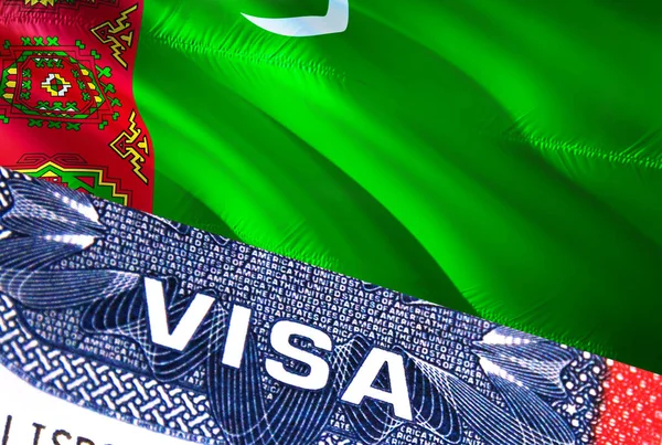 Türkmenisztáni Vízumokmány Háttérben Türkmenisztáni Zászlóval Türkmenisztán Zászló Közelkép Szöveggel Visa — Stock Fotó