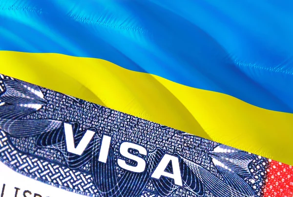 Ukraine Visa Document, with Ukraine flag in background. Ukraine flag with Close up text VISA on USA visa stamp in passport,3D rendering.Visa passport stamp travel Ukraine business.Immigration an