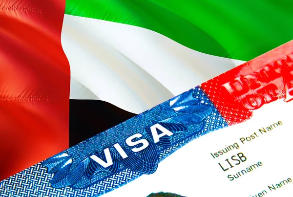 United Arab Emirates immigration visa. Closeup Visa to United Arab Emirates focusing on word VISA, 3D rendering. Travel or migration to United Arab Emirates destination concept with visa in passpor