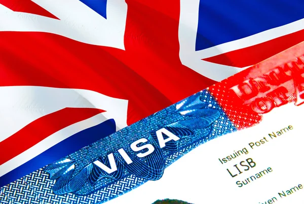 United Kingdom immigration visa. Closeup Visa to United Kingdom focusing on word VISA, 3D rendering. Travel or migration to United Kingdom destination concept with visa in passport multi entrance