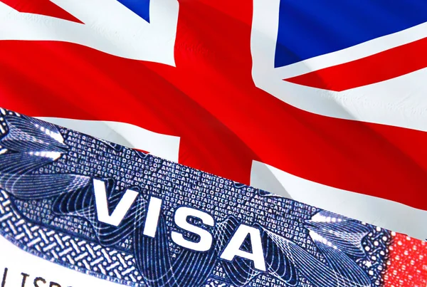 United Kingdom Visa Document, with United Kingdom flag in background. United Kingdom flag with Close up text VISA on USA visa stamp in passport,3D rendering.Visa passport stamp travel United Kingdo