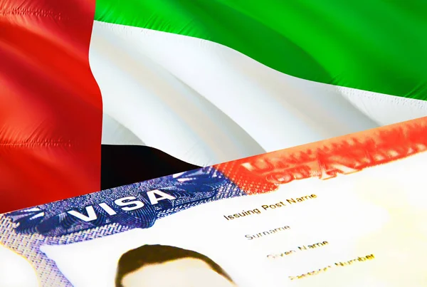 アラブ首長国連邦の移民文書が閉じます アラブ首長国連邦の国旗のパスポートビザ パスポート 3Dレンダリングでアラブ首長国連邦の訪問者ビザ アラブ首長国連邦のマルチ入り口対 — ストック写真