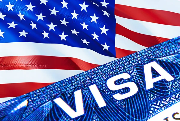 United States visa document close up. Passport visa on United States flag. United States visitor visa in passport,3D rendering. United States multi entrance in passport. Closeup of Visa document an