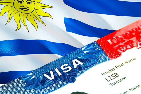 Uruguay immigration visa. Closeup Visa to Uruguay focusing on word VISA, 3D rendering. Travel or migration to Uruguay destination concept with visa in passport multi entrance. USA stamp emigratio